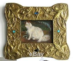 Old Art Deco Frame Wood And Brass Painting Oil On Canvas White Cat