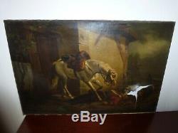 Old Big Table Oil On Canvas French School Napoleon Hussard Nineteenth Signed