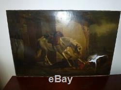 Old Big Table Oil On Canvas French School Napoleon Hussard Nineteenth Signed