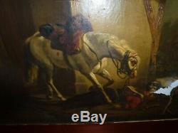 Old Big Table Oil On Canvas French School Napoleon Hussard Nineteenth Signed