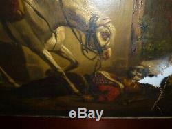 Old Big Table Oil On Canvas French School Napoleon Hussard Nineteenth Signed