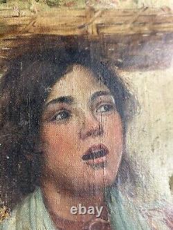 Old Canvas Painting Signed Giacinto GIGANTE Portrait 19th Century