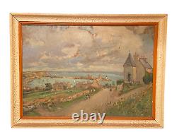 Old Canvas Painting from 1946 Oil Painting by Coast Painter Louis Prieur View Over Sea