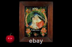 Old Fixed Oil Painting On Inverted Glass / Art Populaire Alsace Maria