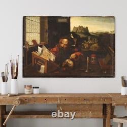 Old Flemish oil painting on canvas artwork Saint Jerome 17th century