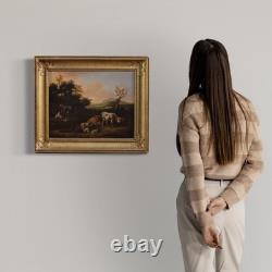 Old Flemish oil painting on canvas, bucolic landscape, 18th century