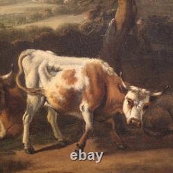Old Flemish oil painting on canvas, bucolic landscape, 18th century