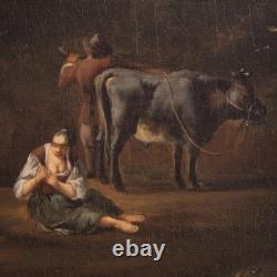 Old Flemish oil painting on canvas, bucolic landscape, 18th century