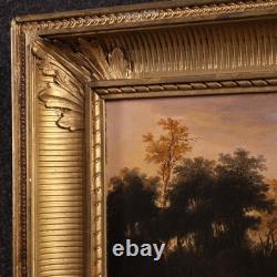 Old Flemish oil painting on canvas, bucolic landscape, 18th century