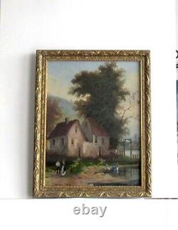 Old Frame Gilded Oil Painting on Canvas Animated Landscape Barbizon