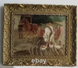 Old Frame Gilded Oil Painting on Canvas Horses and Chickens