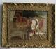 Old Frame Gilded Oil Painting On Canvas Horses And Chickens