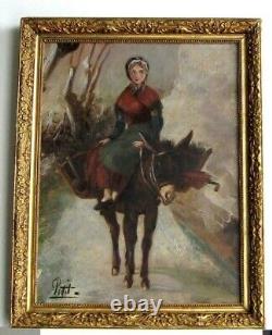 Old Frame Golden Wood Oil Painting on Canvas Peasant Woman and Donkey