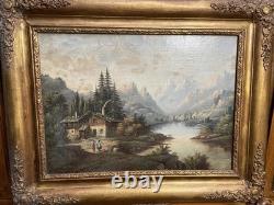 Old Framed Oil Painting on Canvas, Rustic Countryside Scene