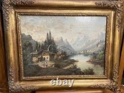 Old Framed Oil Painting on Canvas, Rustic Countryside Scene