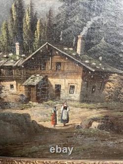 Old Framed Oil Painting on Canvas, Rustic Countryside Scene
