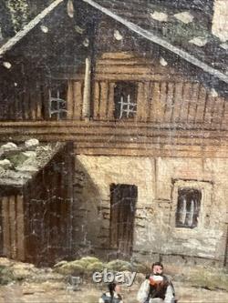 Old Framed Oil Painting on Canvas, Rustic Countryside Scene