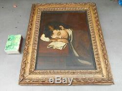 Old Framed Painting, Oil On Canvas, Portrait Sleeping Child On Her Book