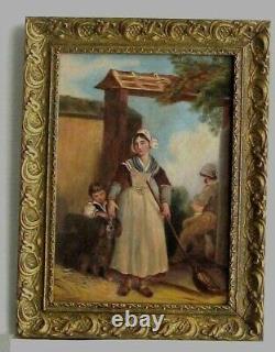 Old Gilded Frame Oil Painting on Canvas of Peasants, Children, and Dog
