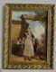 Old Gilded Frame Oil Painting On Canvas Of Peasants, Children, And Dog