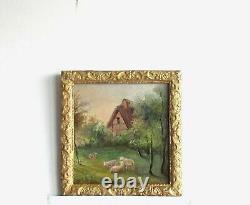 Old Gilded Wood Frame Oil Painting on Canvas Sheep in the Countryside