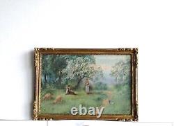 Old Golden Wooden Frame Oil Painting on Canvas Peasants and Sheep