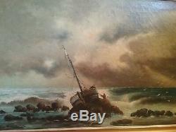 Old Great Chalkboard Sylvain Wild Ship Neigned Navy Oil On Canvas Signed