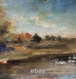 Old HSP signed landscape with swans Italian or French School
