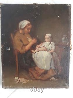 Old HST Framed Young Woman Mother Sitting with Her Young Child 19th Century