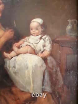 Old HST Framed Young Woman Mother Sitting with Her Young Child 19th Century