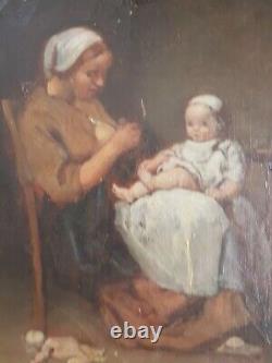 Old HST Framed Young Woman Mother Sitting with Her Young Child 19th Century