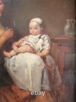 Old HST Framed Young Woman Mother Sitting with Her Young Child 19th Century