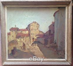 Old Impressionistic Painting Village Animated Village Oil On Panel Signed C1934