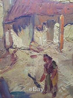 Old Impressionistic Painting Village Animated Village Oil On Panel Signed C1934