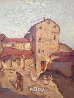 Old Impressionistic Painting Village Animated Village Oil On Panel Signed C1934