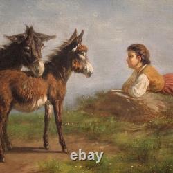 Old Italian oil on canvas painting, signed bucolic landscape, 800