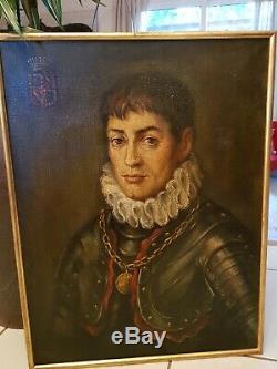 Old Knight Portrait, Coat Of Arms Oil On Canvas