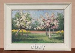 Old Landscape Painting of Blossoming Tree in Oil on Canvas