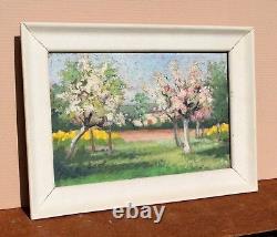 Old Landscape Painting of Blossoming Tree in Oil on Canvas