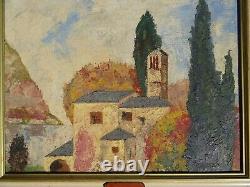 Old Landscape Painting signed Hameau de Paix Oil on Panel 61 x 54 cm