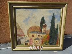 Old Landscape Painting signed Hameau de Paix Oil on Panel 61 x 54 cm