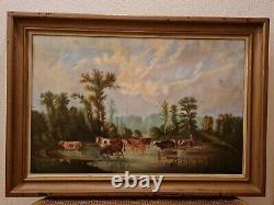 Old Large Oil Painting On Canvas, Herd Of Cows