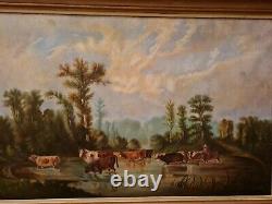 Old Large Oil Painting On Canvas, Herd Of Cows