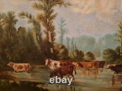 Old Large Oil Painting On Canvas, Herd Of Cows