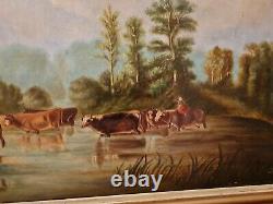 Old Large Oil Painting On Canvas, Herd Of Cows