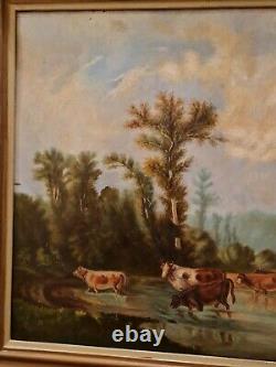 Old Large Oil Painting On Canvas, Herd Of Cows