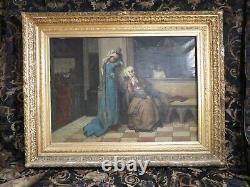 Old Large Oil Painting on Canvas 19th Century by Francois Du Mont Young Girls