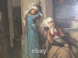 Old Large Oil Painting on Canvas 19th Century by Francois Du Mont Young Girls