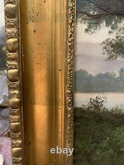 Old Large Oil Painting on Canvas Riverbank Landscape XIXth Century