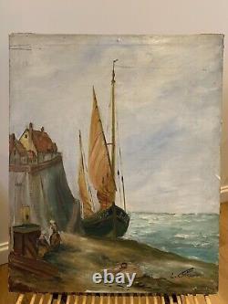 Old Marine Oil Painting on Canvas by E. Coupet 1951